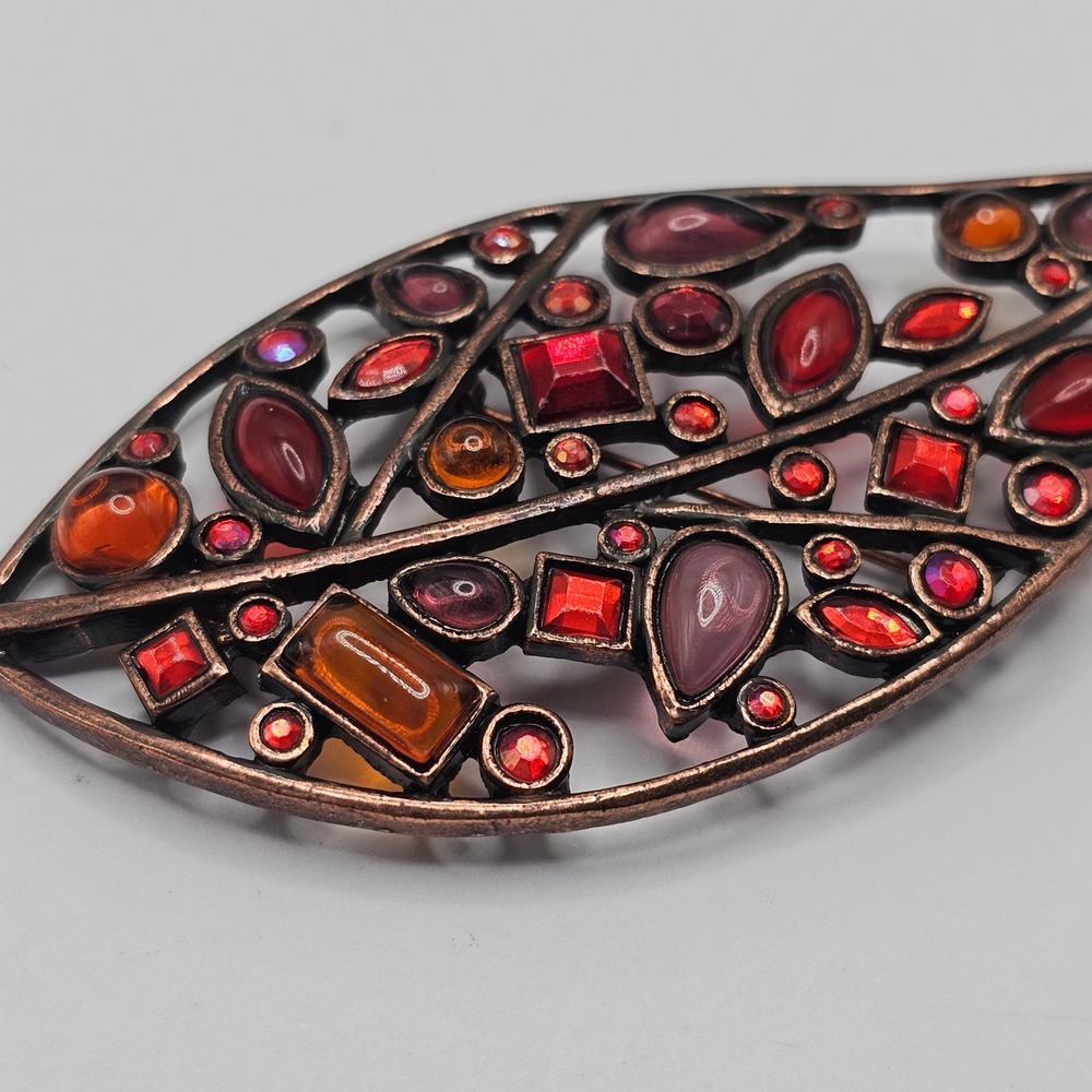 Vtg Leaf Brooch Pin Red Orange Copper Tone Rhinestone Autumn Fall Statement - Picture 3 of 15